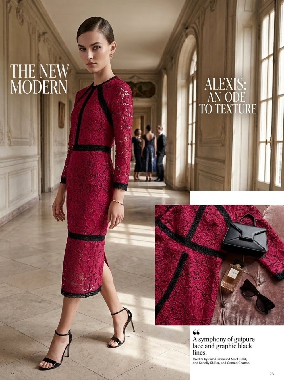 Alexis Randie Lace Midi Sheath Dress in Dark Red and black